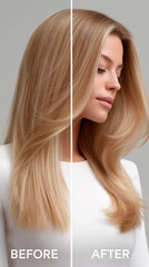 Obraz premium Frisuren-Transformation einer Frau von braunen zu blonden Haaren im Vorher-Nachher-Vergleich
