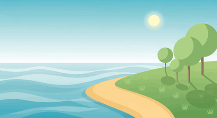 Fototapeta premium Vector illustration of a sunny beach landscape with calm waters and lush trees near the shore