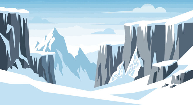 Vector illustration of a snowy mountain landscape in winter with towering cliffs