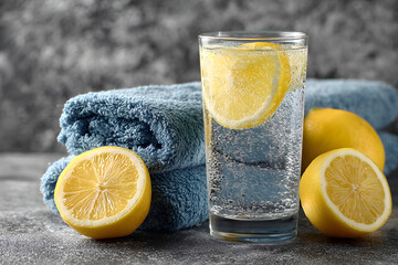 Refreshing drink with lemon on a gray background. Warm water with a slice of lemon next to a blue napkin