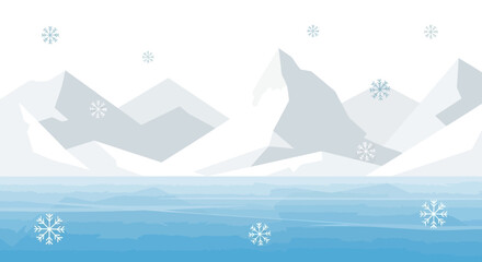 Vector Winter Landscape with Snow-Capped Mountains and Frozen Lake Illustration