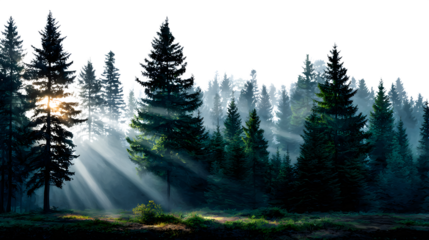 Sunlight streams through a vibrant evergreen forest, creating a stunning, ethereal atmosphere for nature lovers and commercial projects Isolated to Transparent Background