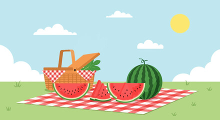 Summer Picnic Scene With Watermelon Slices And Wicker Basket On A Blanket