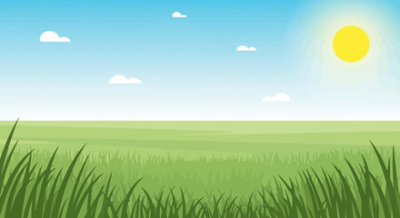 Sunny Day Landscape Illustration Of Green Field And Blue Sky