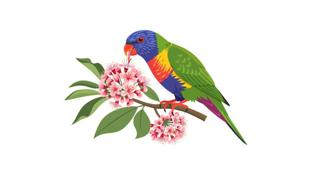 Vibrant lorikeet perched on a flowering branch enjoying sweet nectar of blossoms in spring illustration