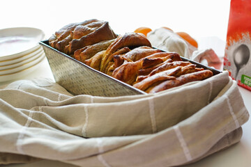 Homemade pull apart bread on the table of the kitchen 