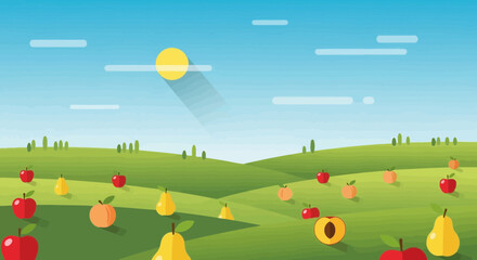 Vibrant Orchard Landscape Vector Illustration with Apples Pears and Peach Fruits