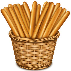 Golden breadsticks in wicker basket fresh baked bread food items