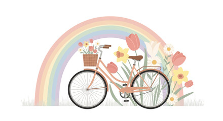 Fototapeta premium Vintage bicycle with flowers in basket against pastel rainbow background art