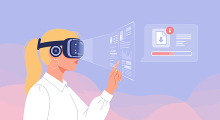 Virtual reality experience: woman interacting with a digital interface using VR headset