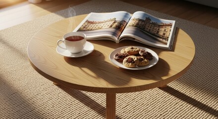 Wooden coffee table with steaming tea and cookies next to open magazine reading