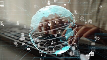 This image depicts a futuristic digital globe with various technology icons, illustrating concepts...