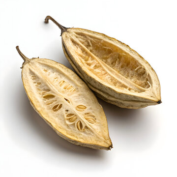 Halved dried pointed gourds, isolated on a white background, likely intended for culinary,