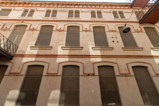 Facade of an old textile factory, now museum, in Mataro, Barcelona, Catalonia, Spain, Europe