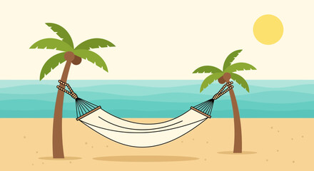 Naklejka premium Tropical Paradise Escape With Hammock Between Palm Trees At The Beach