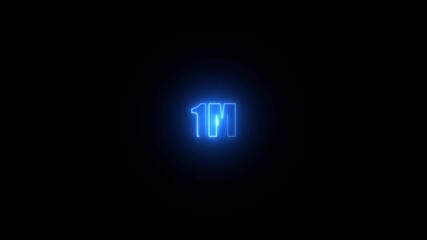 Glowing neon blue 1 million achievement celebration on black background.1M celebration neon text animation 4k video. Followers, like, subscribe, 1 light, Motiongraphic video in black background.