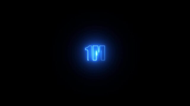 Glowing neon blue 1 million achievement celebration on black background.1M celebration neon text animation 4k video. Followers, like, subscribe, 1 light, Motiongraphic video in black background.