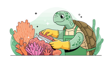 Turtle Cleaning Coral Reef Illustration For Environmental Awareness Campaign