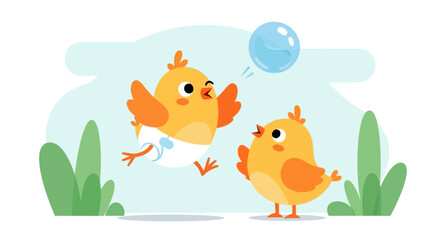 Naklejka premium Two playful chicks interacting with a bubble in a whimsical outdoor setting happy