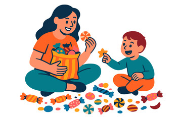 A mother and her child are seated on the floor beside a sofa, sorting through their Halloween candy, with the child dressed in a witch's hat