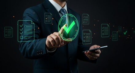 Businessman interacting with holographic checklist and checkmark on dark background with particles