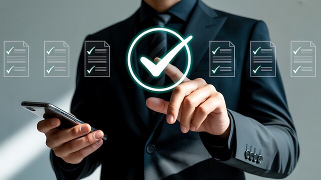 Businessman touching glowing checkmark on digital screen with smartphone in hand finger pointing