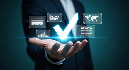 Photo of businessman presenting data and analytics with a check mark in a virtual interface representing success