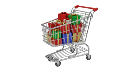 3D shopping trolley with gift boxes inside isolated on white background