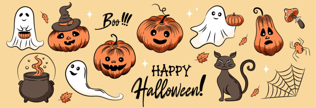 Jack-o-lantern set. Vector happy Halloween party invitation card with spooky pumpkins, black cat, ghosts, witch cauldron, spider web and fly agaric. Hand drawn sketch illustration clipart.