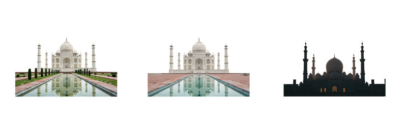Obraz premium Majestic taj mahal reflection agra india architectural wonder serene environment captivating viewpoint. Set cut out PNG