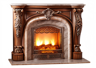 Ornate fireplace with glowing embers isolated on a transparent background