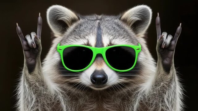 A cool raccoon wearing bright green sunglasses and making a rock on gesture with its paws