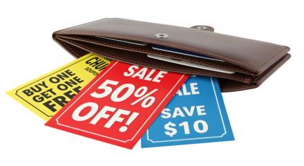 Isolated wallet with visible sale coupons on white background