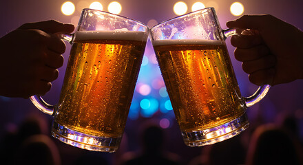 Two hands clinking glasses of amber liquid, a symbol of celebration and camaraderie in a vibrant atmosphere