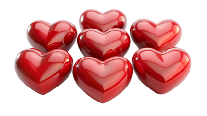 3d illustration of a group of seven glossy red hearts, isolated on a transparent background
