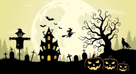 Spooky halloween night scene with a haunted house, witch, and pumpkins