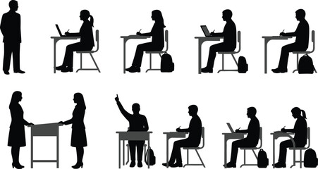 Silhouettes of students and teachers, classroom scenes, desks, laptops, writing, backpacks, education, learning, school, teaching, minimal, black background