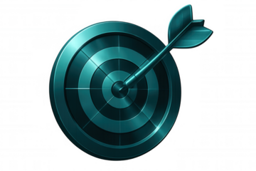 Metallic dart hitting center of target symbolizing business success, achievement, and goals on a transparent background