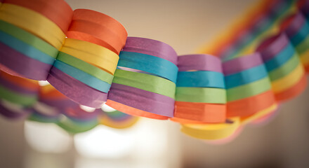 Vibrant paper chain garland with rainbow colors adding festive cheer to any celebration or decoration.