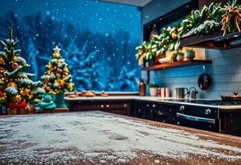 Snowy Christmas night, flour dusted dark wood kitchen countertop,  rustic, christmas