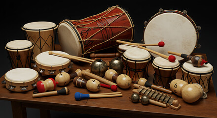 Varied collection of percussion instruments including drums, tambourines, maracas and a metallophone.