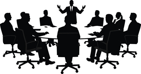 Business meeting silhouette, team discussion, leader presenting, round table, corporate communication, teamwork, strategy, office, collaboration, planning