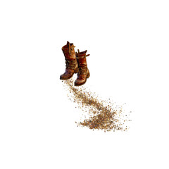 Fototapeta premium Leaping into the Unknown A Pair of Vintage Boots Kicking Up Dust