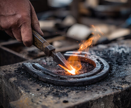 A blacksmith uses a hot flame to shape a horseshoe with skilled hands in a workshop.