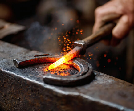 Blacksmith at work forging a horseshoe on an anvil with glowing metal and flying sparks.