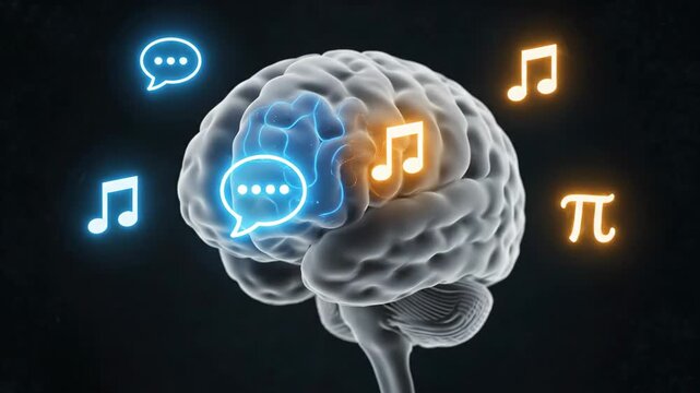 Illuminated Brain Learning Music and Language - A 3D model of a human brain is shown with glowing icons representing music notes and speech bubbles illuminating different sections of the brain.