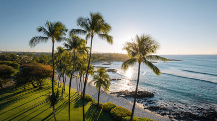 Fototapeta premium stunning view of hawaiian coastline where sunlight pierces through lush palm trees creating magical atmosphere
