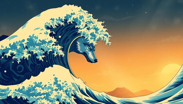 Stylized ocean wave crashing, wolf's head forming within the crest, Kanagawa-inspired, anime manga art,  ocean,  artwork