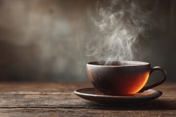 Cup of tea with steam on brown wooden table