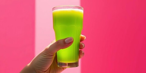 Sunlight illuminates a hand holding a glass of vibrant green juice against a clean pink backdrop,   studio,  organic